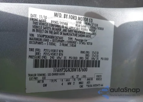 2011 Ford Focus Ses z USA, uszkodzony, nr VIN 1FAHP3GN3BW187600